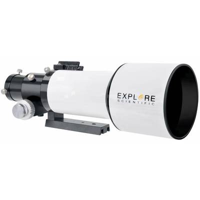 Een wit telescoop met zwart oculairgedeelte en de opdruk 'Explore Scientific', geschikt voor astronomische waarnemingen.