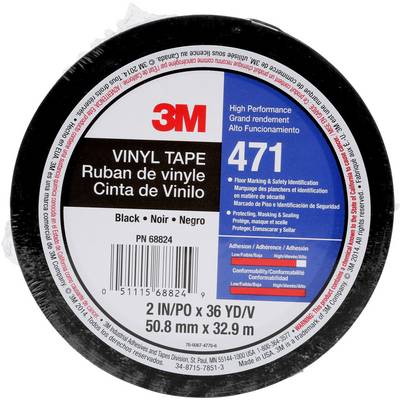 '3M Vinyl Tape 471' Etiket op zwarte plakbandrol; informeert over afmetingen, kleur (Zwart) en toepassingen zoals maskeren en kleurbepaling.