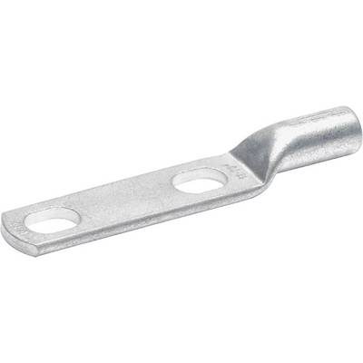 Een zilveren metalen kabelschoen met twee gaten, voor het verbinden van kabels met elektrische aansluitingen.