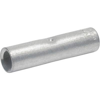 Een zilverkleurige, cilindrische metalen kabelverbinder met een gladde oppervlakte, gebruikt voor elektrische aansluiting van kabels.