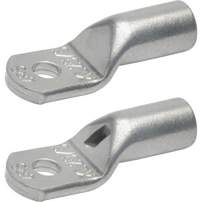 Twee zilveren metalen kabelschoenen naast elkaar geplaatst. Ze hebben elk een gat voor bevestiging aan elektrische geleiders.