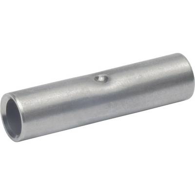 Metalen, cilindrische verbindingseenheid met een gladde oppervlakte en een kleine verhoging in het midden, waarschijnlijk bedoeld voor het verbinden van buizen.