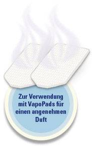 Twee stoomende VapoPads met tekst op een blauwe achtergrond: 'Te gebruiken met VapoPads voor een aangenaam geurtje'.