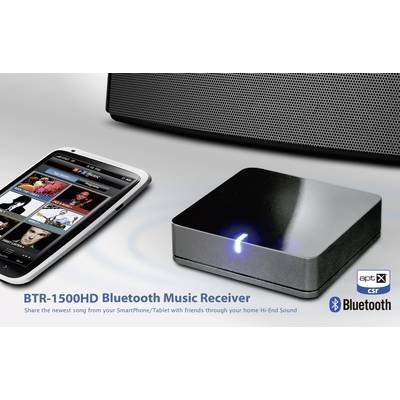 Een Bluetooth-muziekontvanger naast een smartphone. Tekst: 'BTR-1500HD Bluetooth Music Receiver'. Ontvanger met oplichtende indicator.