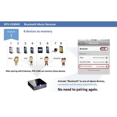 'Bluetooth Music Receiver' toont hoe een apparaat acht apparaten opslaat en Bluetooth-verbindingen automatisch tot stand brengt.