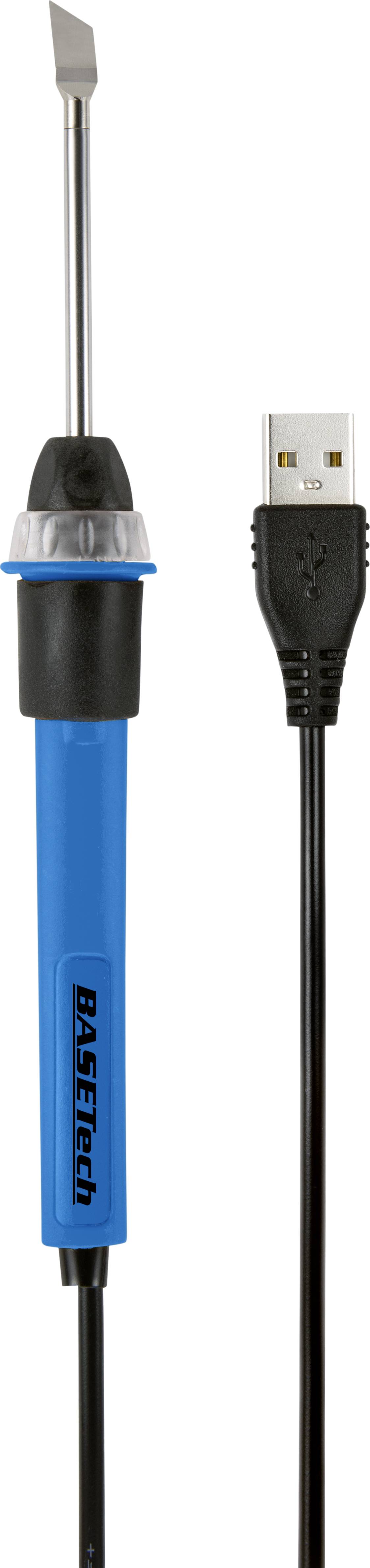 Soldeerbout met blauwe handgreep en USB-aansluiting, gebruikt voor het solderen van elektronische componenten en kleine reparaties.