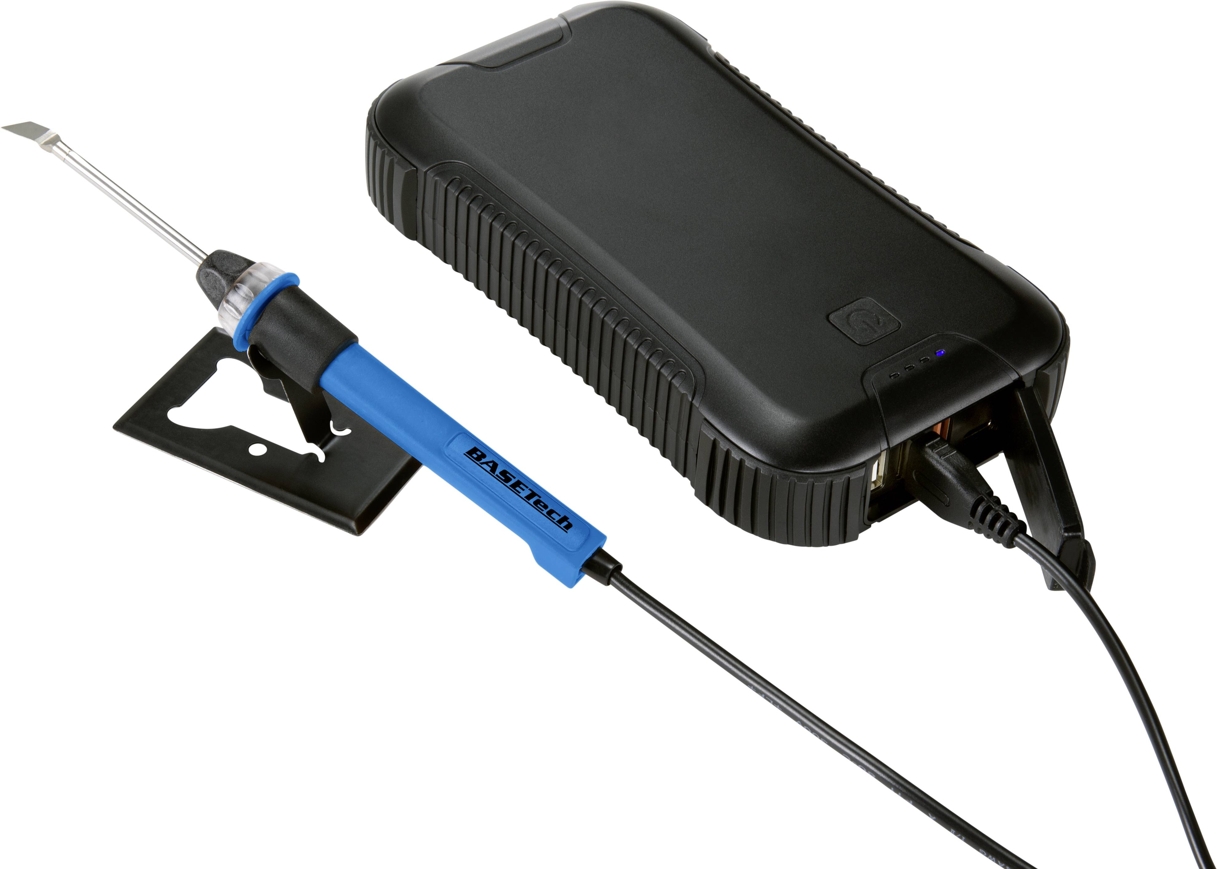 Warmsnijder-kit met blauwe handgreep aangesloten op een zwarte voedingsadapter. Wordt gebruikt voor het snijden van materialen met behulp van warmte.