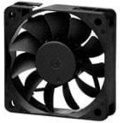 Een zwarte computerventilator met meerdere rotorbladen, zijaanzicht.
