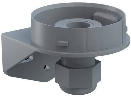 Grijs mechanisch onderdeel van metaal met een cilindrische vorm en een bevestigingshoek, waarschijnlijk een onderdeel van een machine of apparaat.