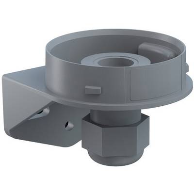 Grijs mechanisch onderdeel van metaal met een cilindrische vorm en een bevestigingshoek, waarschijnlijk een onderdeel van een machine of apparaat.