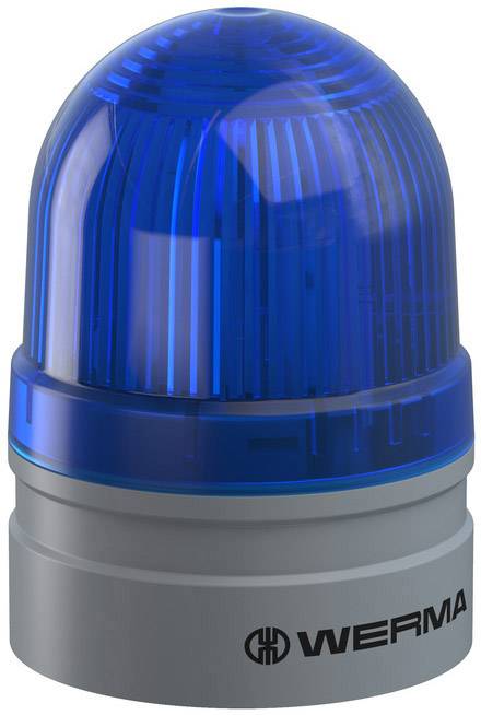 Een blauwe signaallamp van WERMA op een grijze voet, gebruikt voor optische signalering in industriële of veiligheidstechnische toepassingen.