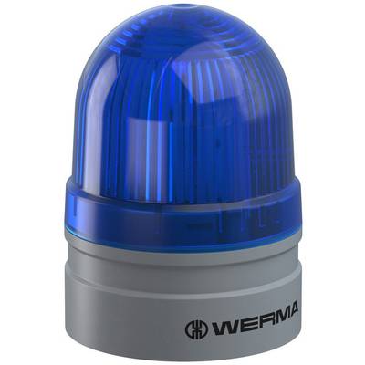 Een blauwe signaallamp van WERMA op een grijze voet, gebruikt voor optische signalering in industriële of veiligheidstechnische toepassingen.