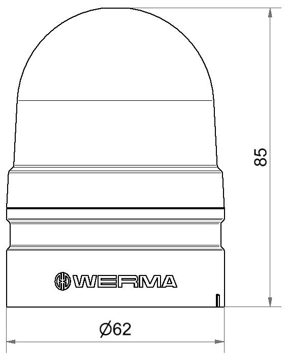 Een technische tekening van een Werma signaalflitser met afmetingen: hoogte 85 mm, diameter 62 mm.