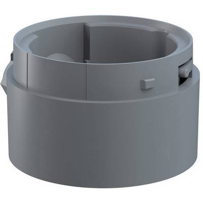 Grijze cilindrische kunststof adapter, mogelijk voor technische toepassingen, met zijdelingse vergrendelingsmechanismen.