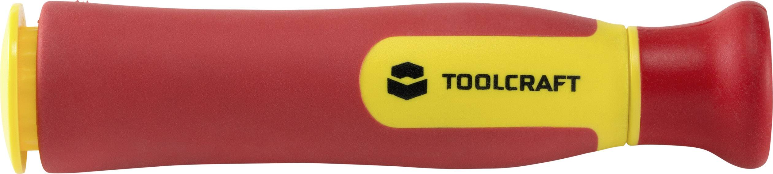 Een rode en gele schroevendraaiergreep met 'TOOLCRAFT' opschrift in zwarte kleur.