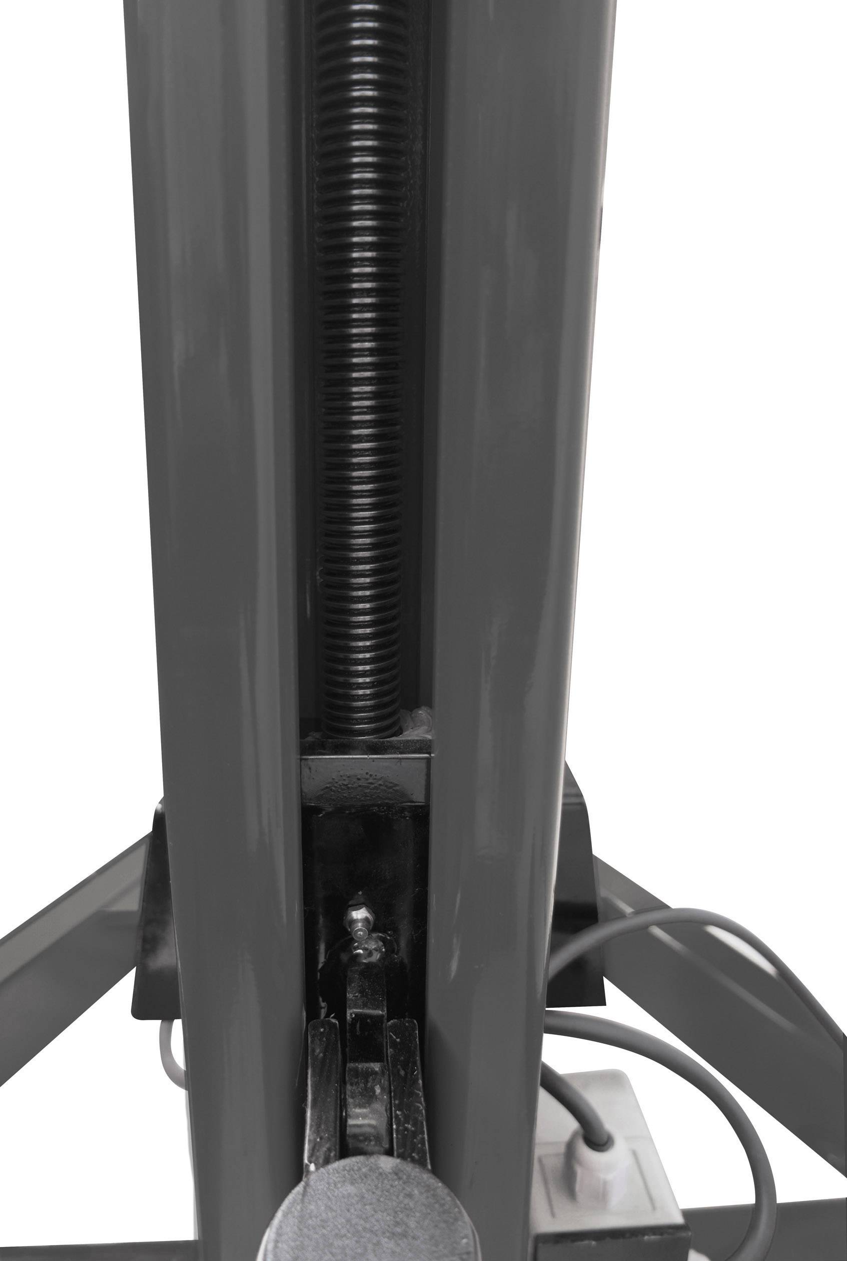 Een close-up van een donker, verticaal mechanisme met een schroef, waarschijnlijk onderdeel van een machine of apparaat, met kabels aan de zijkant.