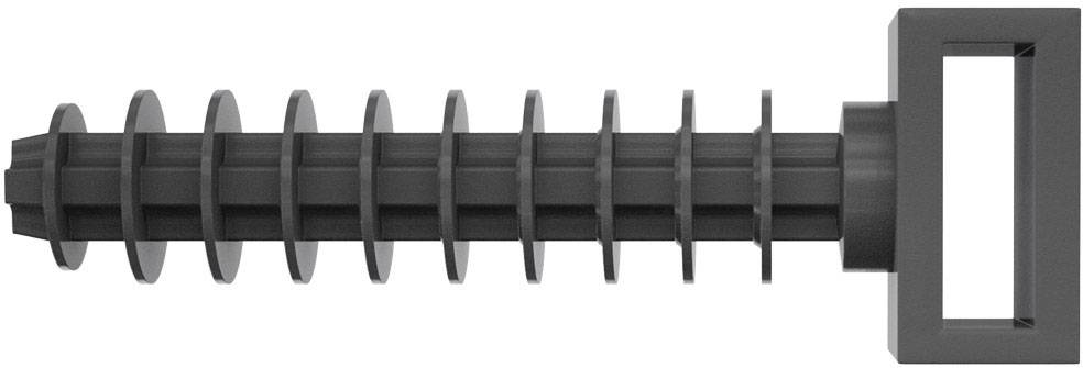 Een zwarte kunststof schroef met een vierkante kop en meerdere gelijkmatig verdeelde ribbels langs de steel.