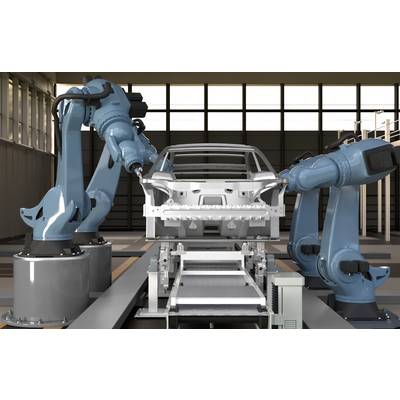 Twee industriële robotarmen assembleren een carrosserie op een fabrieksproductielijn in een manufactuurfabriek.