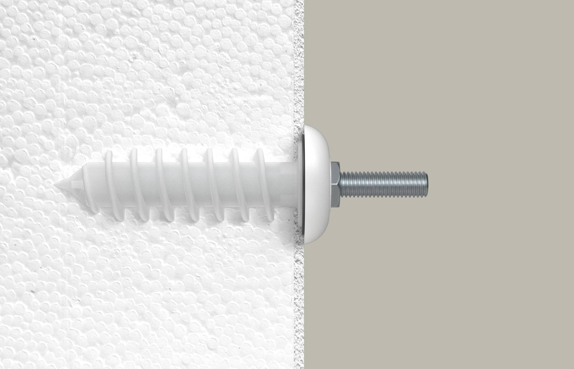 Dwarsdoorsnede van een wandplug en schroef verankerd in isolatieplaat, waarin te zien is hoe de bevestiger het paneel op zijn plaats houdt.