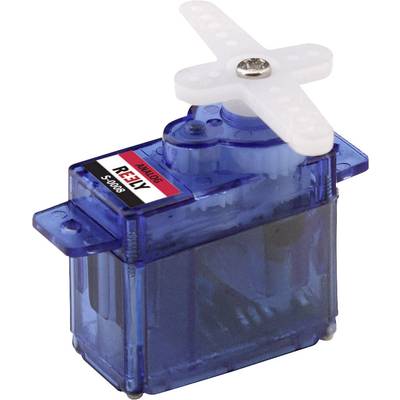 Een blauwe, transparante modelbouw-servo met een witte hefboom bovenaan. Etiket met opschrift 'ANALOG SERVO'. Geschikt voor RC-modellen.