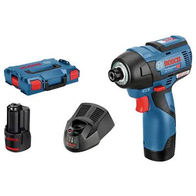 Een Bosch accuschroefmachine-set omvat een elektrisch gereedschap, oplader, accu en draagtas. Het gereedschap heeft een blauw en zwart design.