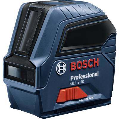 Een blauwe Bosch-GLL-2-10-Professional-lasermeter met rode schakelaar en bedrijfslogo, gebruikt voor nauwkeurige metingen.
