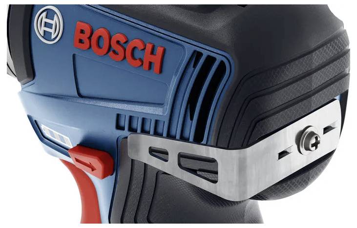 Close-up van een Bosch gereedschapshandgreep, met een blauw en rood ontwerp en een metalen aansluiting, waarbij het merk en de gripdetails worden belicht.