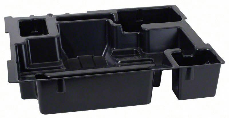 Zwart, rechthoekig plastic dienblad met verschillende compartimenten voor het opbergen of organiseren van voorwerpen.