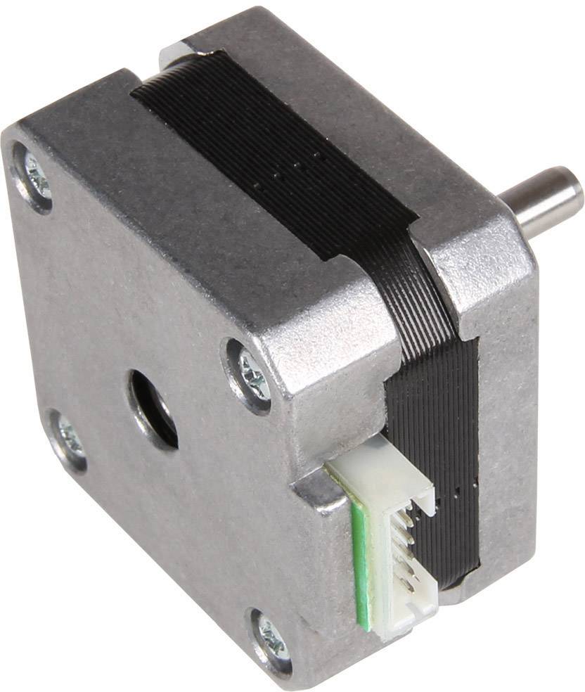 Een vierkante stappenmotor met een zilver metalen behuizing en een zwarte riemkap. Een witte stekker is zichtbaar.