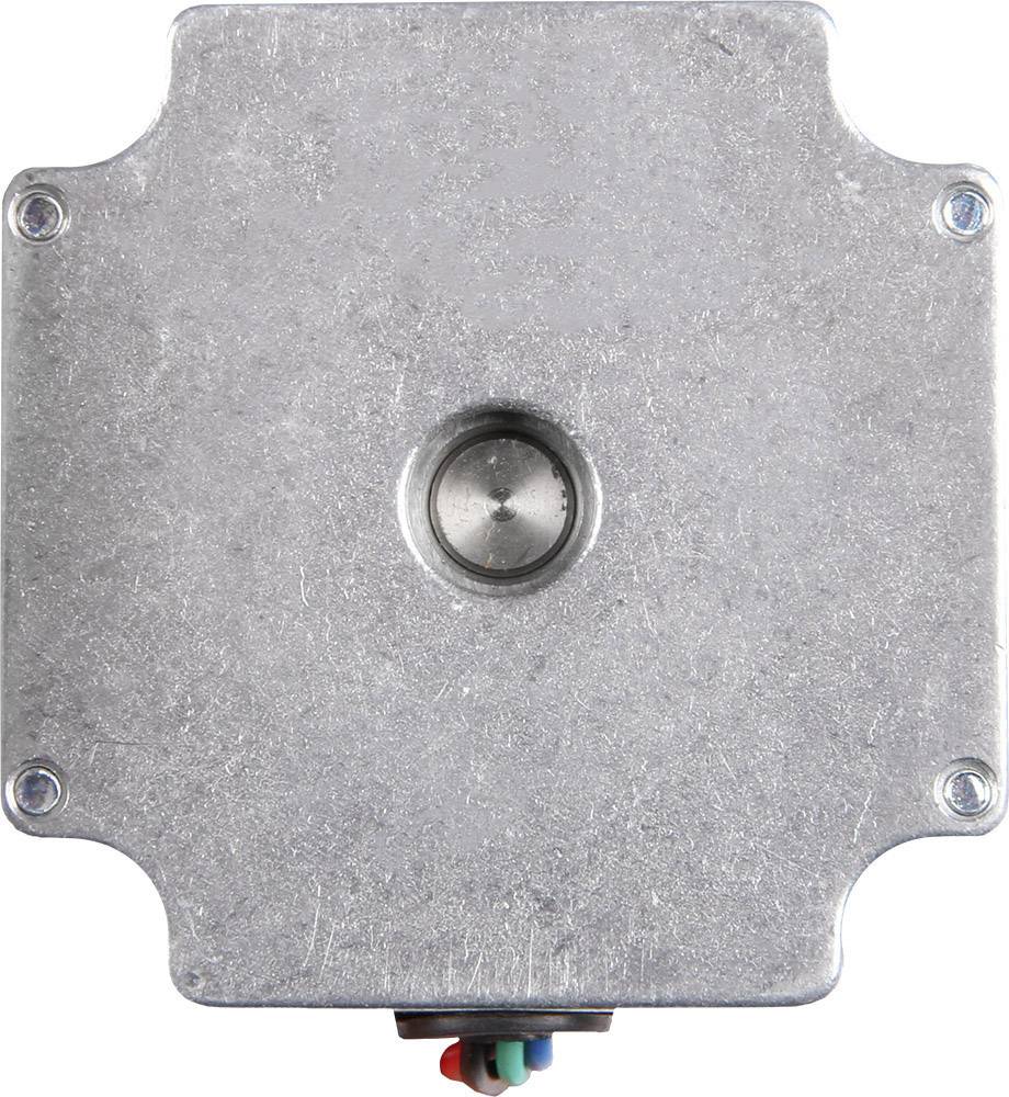 Metalen behuizing met een centrale knop en afgeronde hoeken. Schroeven aan de hoeken bevestigen de afdekking.