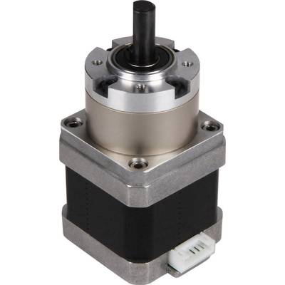 Een elektrische stappenmotor met reductiekast, geschikt voor nauwkeurige bewegingsbesturingen in machines of robotica-toepassingen.