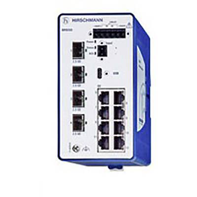 Industriële Ethernet-switch met acht RJ45-poorten en twee SFP-sleuven voor glasvezelverbindingen, behuizing in blauw-wit.