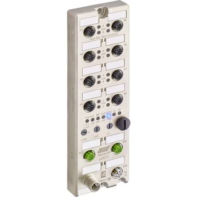 Industrieel busmodule met tien aansluitingen, gemarkeerd van X1 tot X10, LED-indicatoren en twee groene connectoren onderaan.