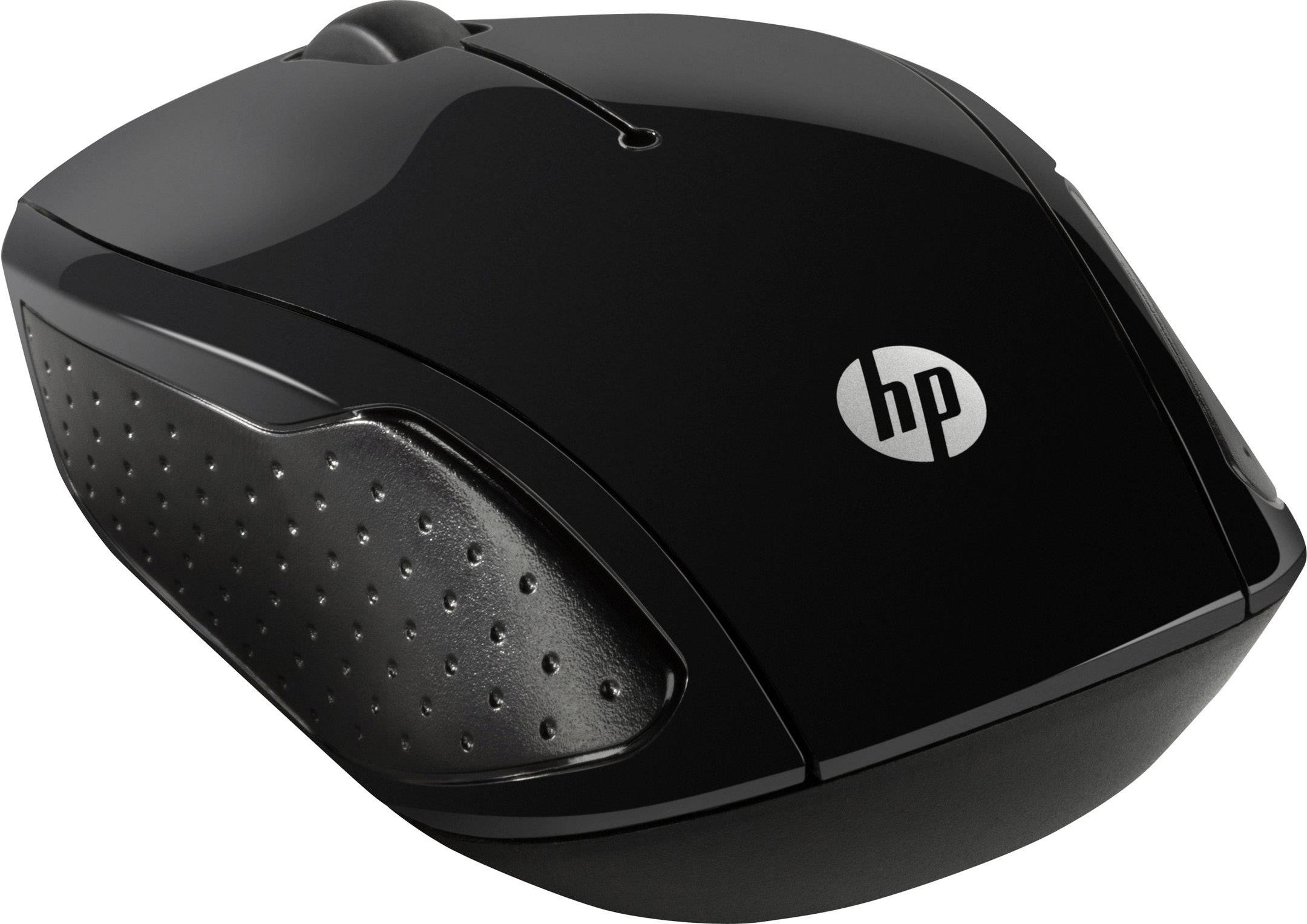 Een zwarte HP-muis met ergonomisch ontwerp en gestructureerde greep, geschikt voor dagelijks computergebruik.