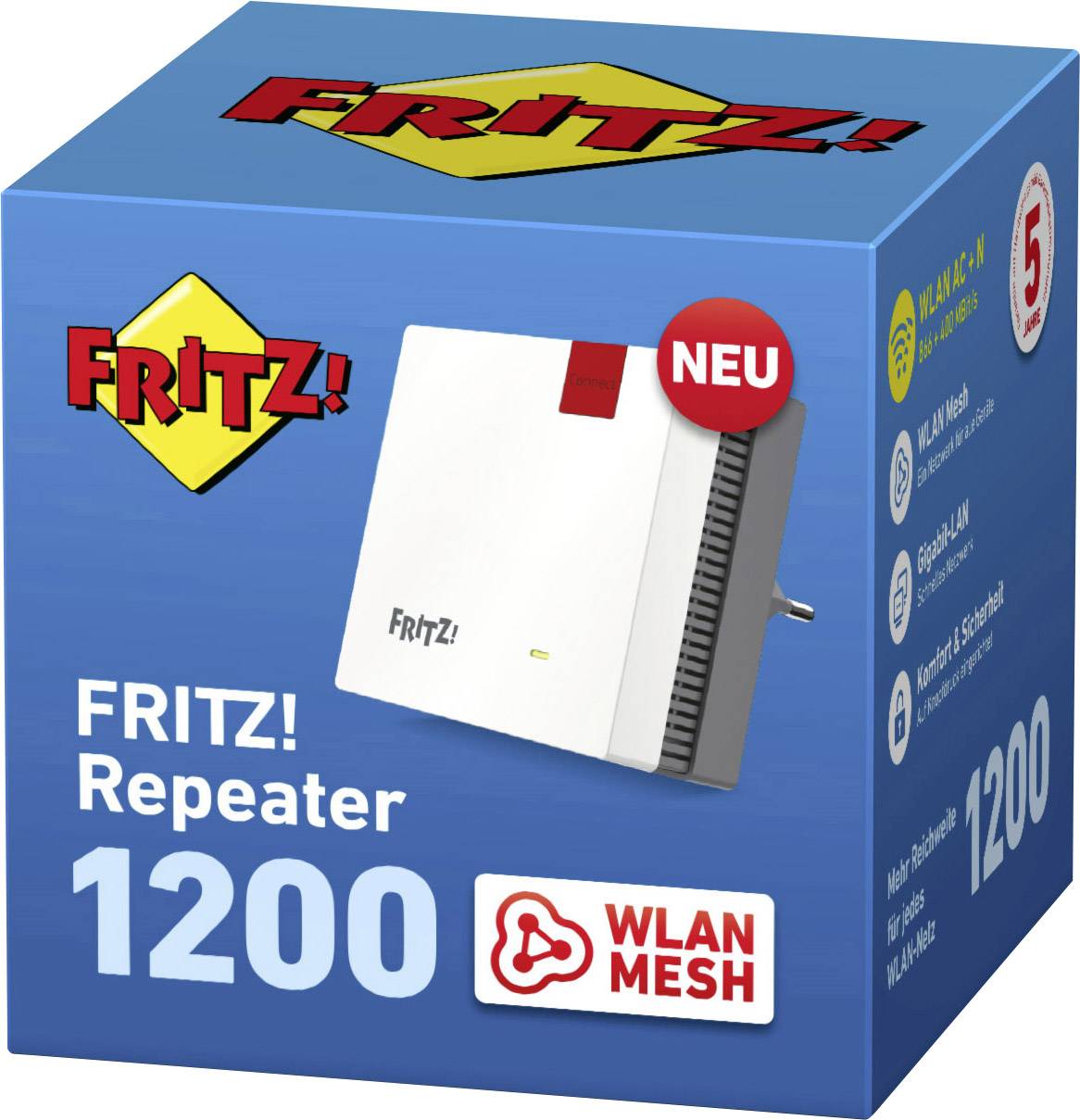 Een verpakking van de 'FRITZ! Repeater 1200' met WLAN Mesh-functie. Het design toont het merklogo en wijst op nieuwe eigenschappen.