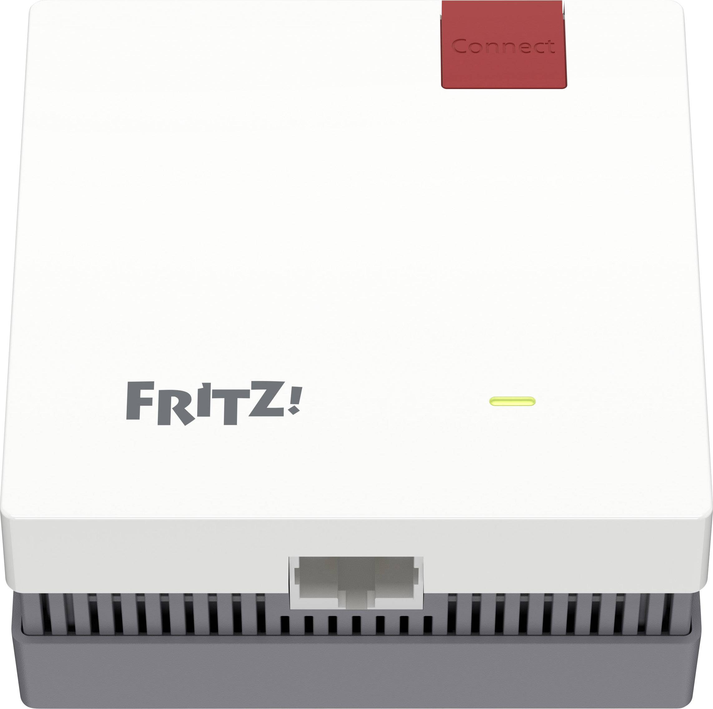 Router in het wit met rode 'Connect'-knop en FRITZ!-logo. Onderaan bevindt zich een netwerkaansluiting.