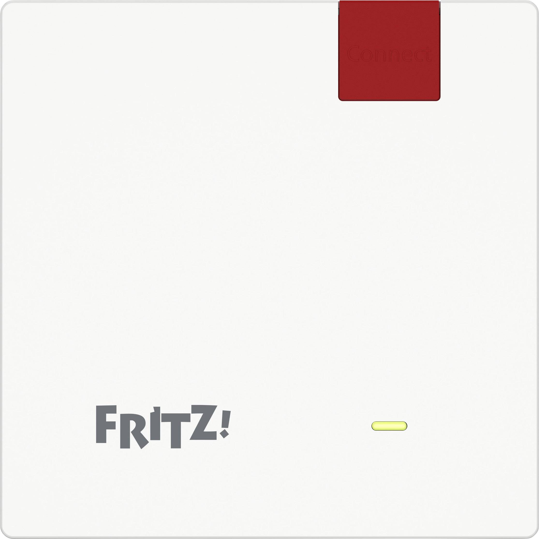 Een witte FRITZ! WLAN-repeater voorpaneel met rode knop bovenaan voor de verbinding en een geel LED-lampje dat de status aangeeft.