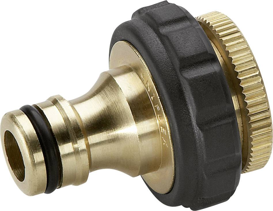 Messing tuinslangadapter met zwarte kunststof handgreep; maakt het mogelijk een slang aan te sluiten op een waterkraan.