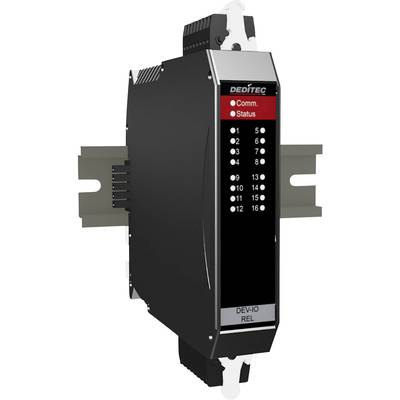 Zwart-zilver technisch apparaat voor DIN-railmontage. Opschrift 'Comm. Status' met LED's van 0 tot 17. Merknaam bovenaan.