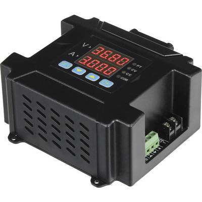 Zwart elektronisch apparaat met digitaal display toont '36.60 V' en '3.00 A'. Bevat meerdere aansluitingen en knoppen.