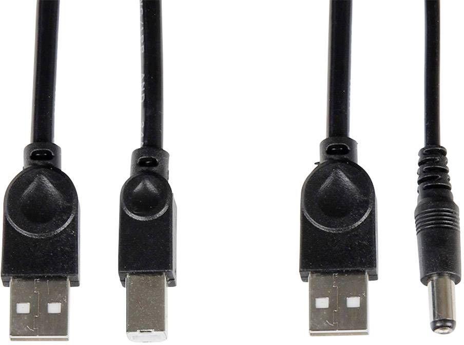 'Drie zwarte kabels met verschillende aansluitingen: twee USB-stekkers en een DC-stekker, gerangschikt op een witte achtergrond.'