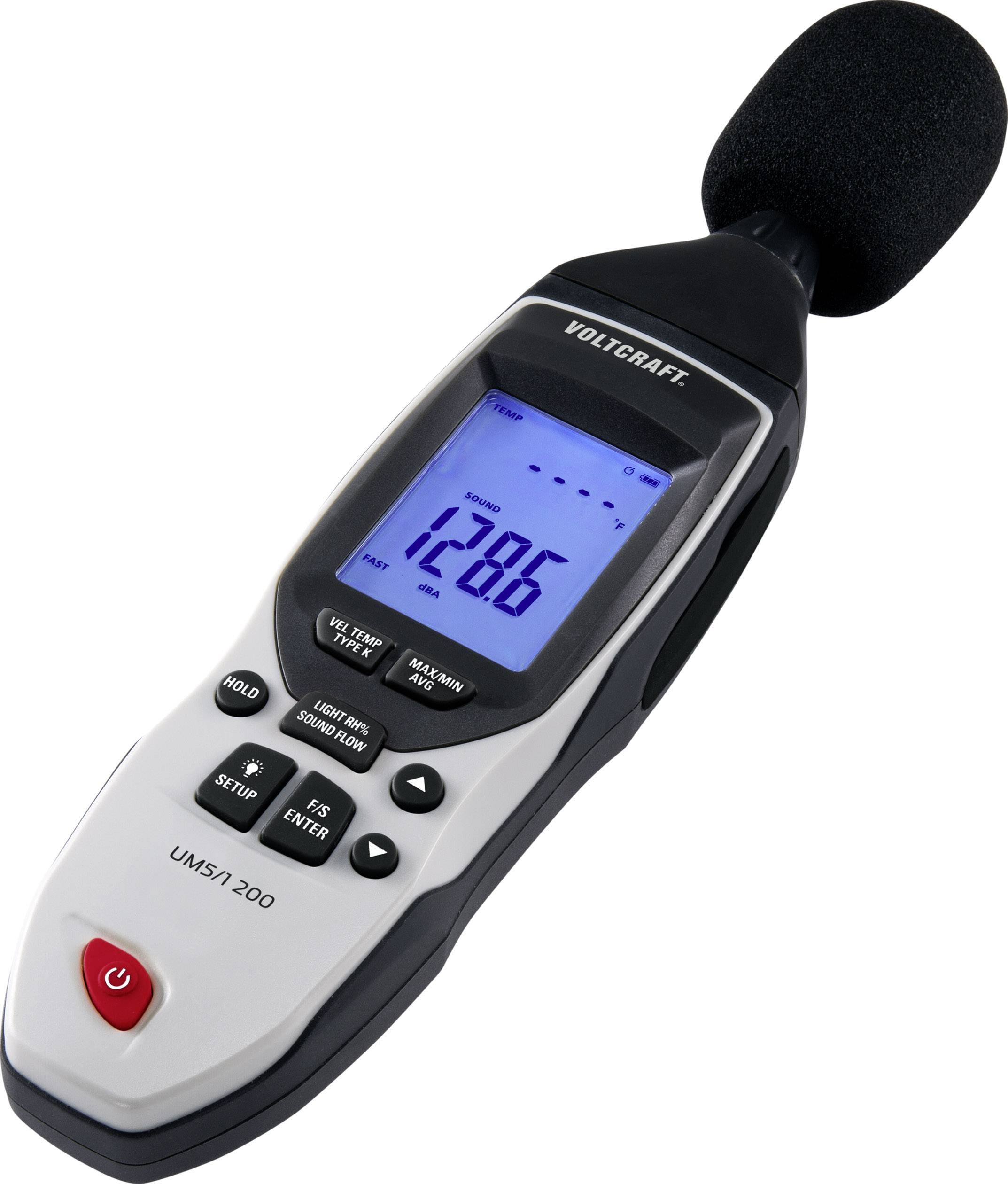 Geluidsniveaumeter met groot display dat het huidige decibelniveau weergeeft. Het apparaat is voorzien van meerdere bedieningstoetsen.