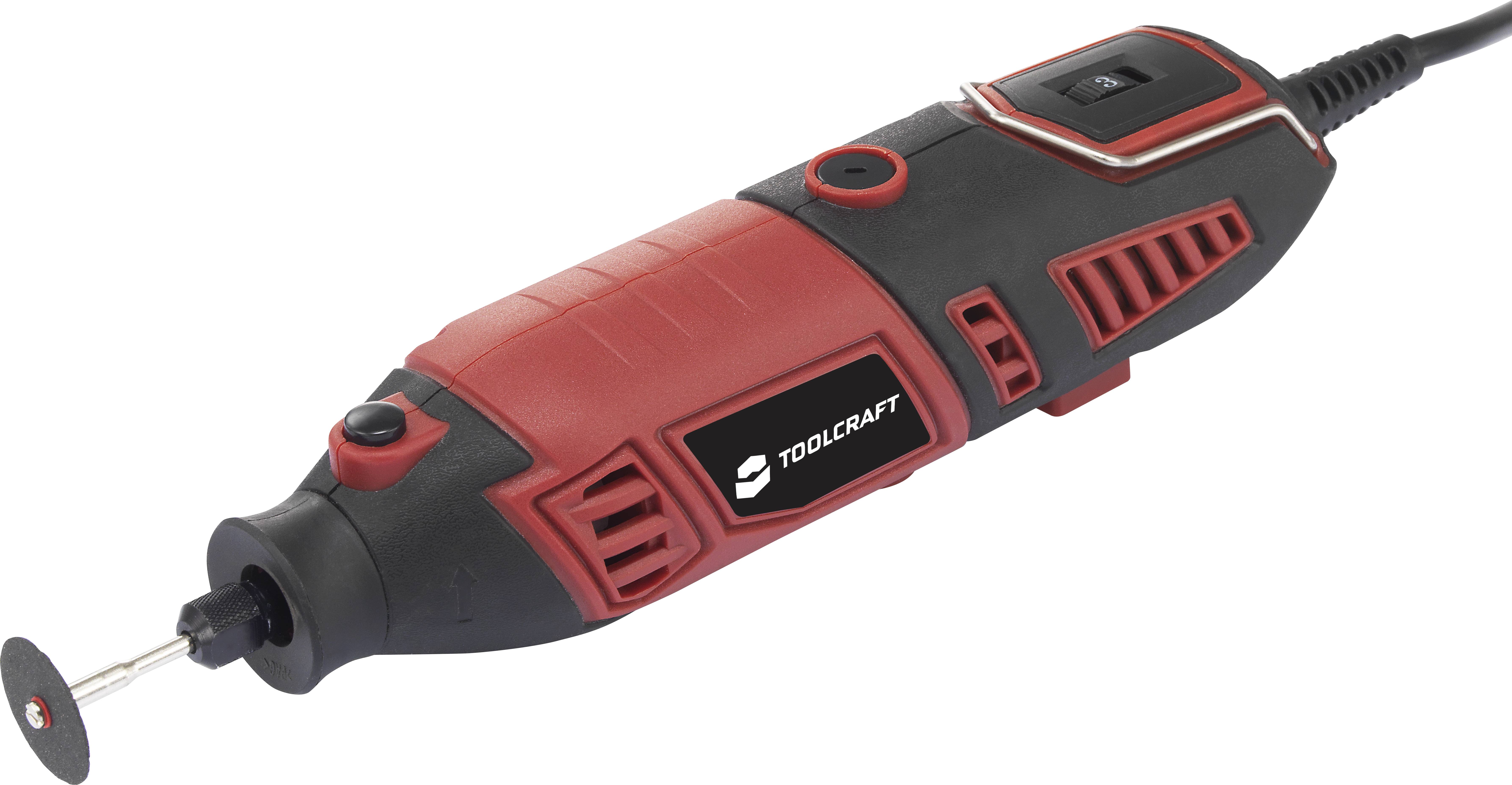 Zwart en rood elektrisch multifunctioneel gereedschap met rotatieschijf en netsnoer, geschikt voor ambachtelijke werkzaamheden.