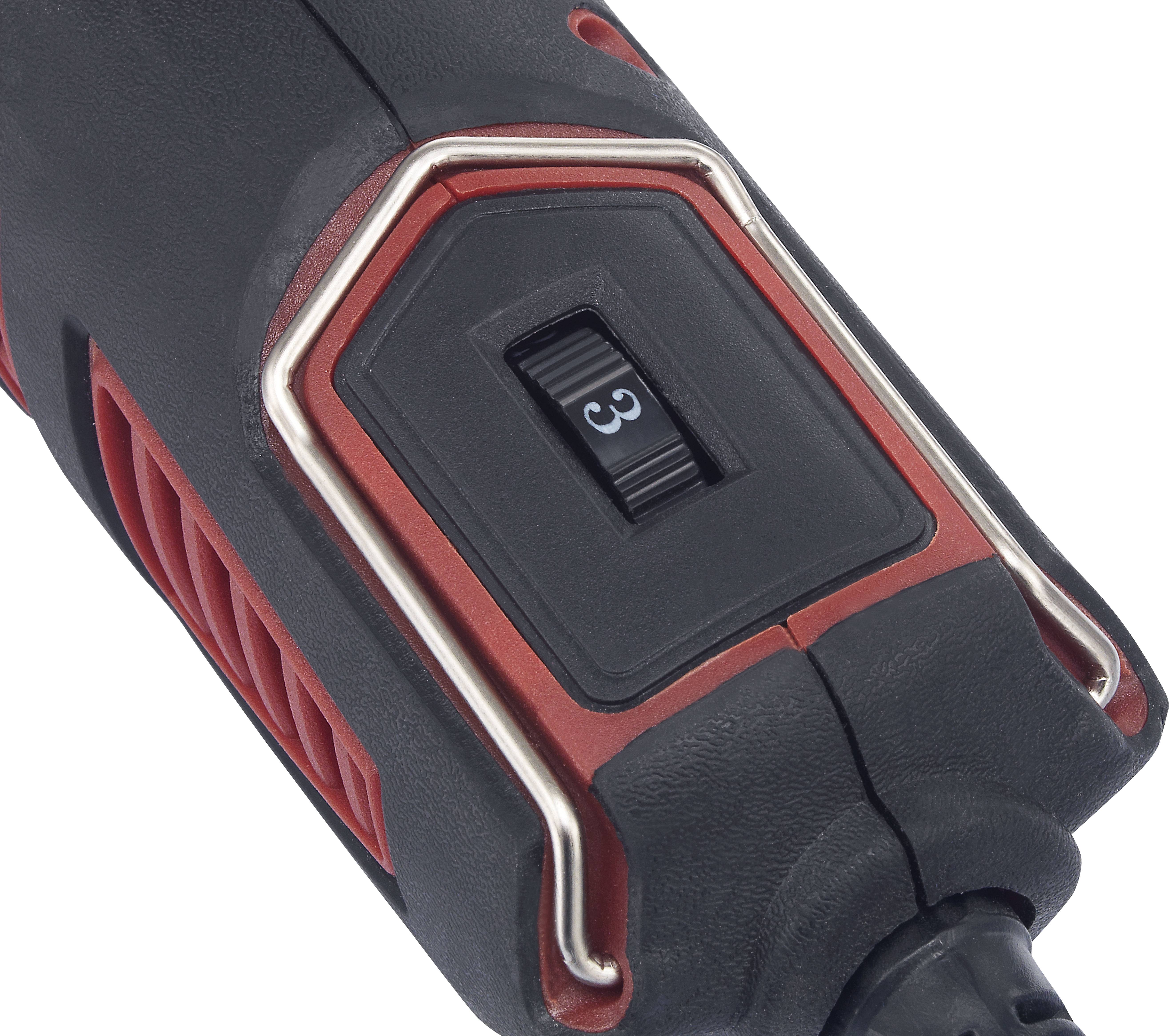 Zwart en rood elektrisch gereedschap met een toerentalregelaar in het midden, waarop het getal 3 zichtbaar is.