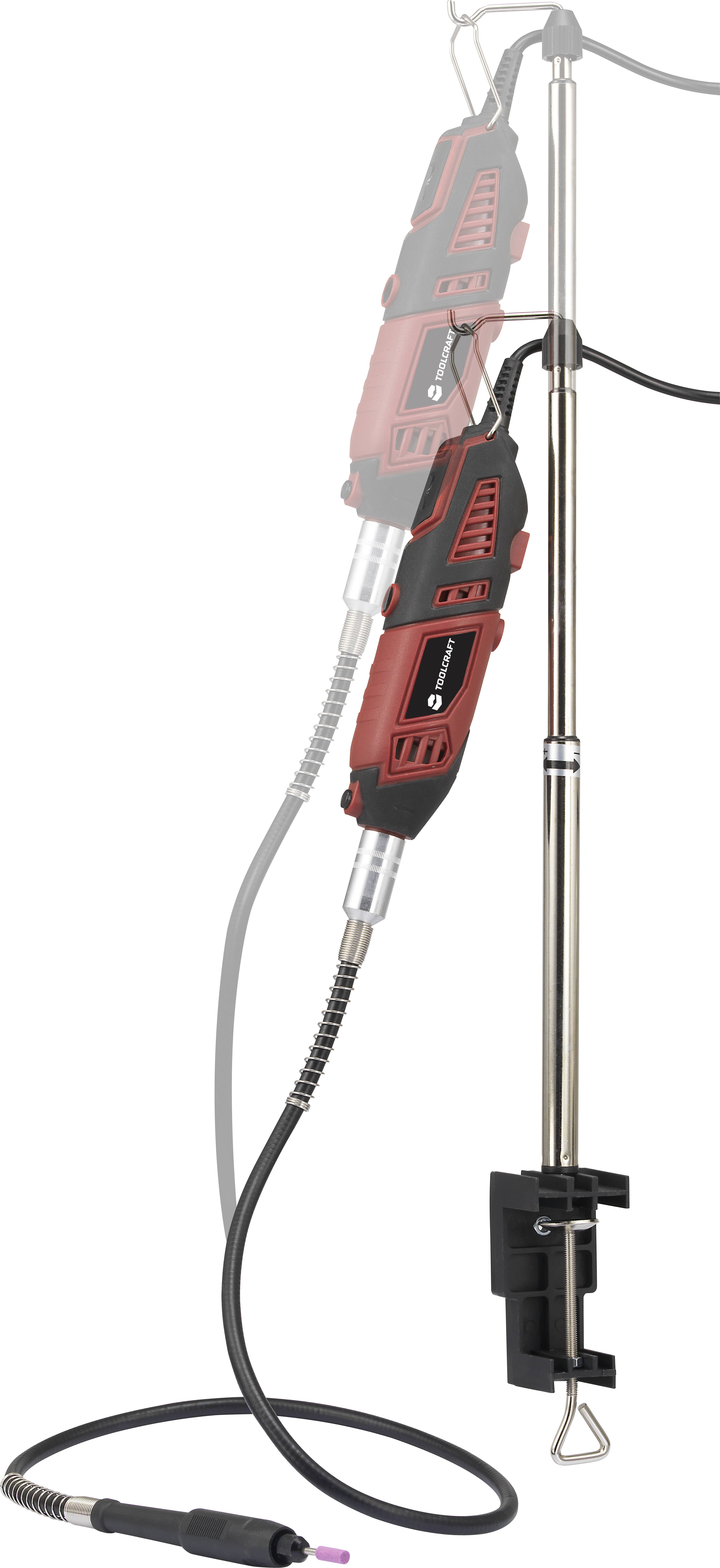 Een rode, telescopische soldeersucker met een flexibel snoer en standaard, ideaal voor nauwkeurige soldeerklussen op verschillende hoogtes.