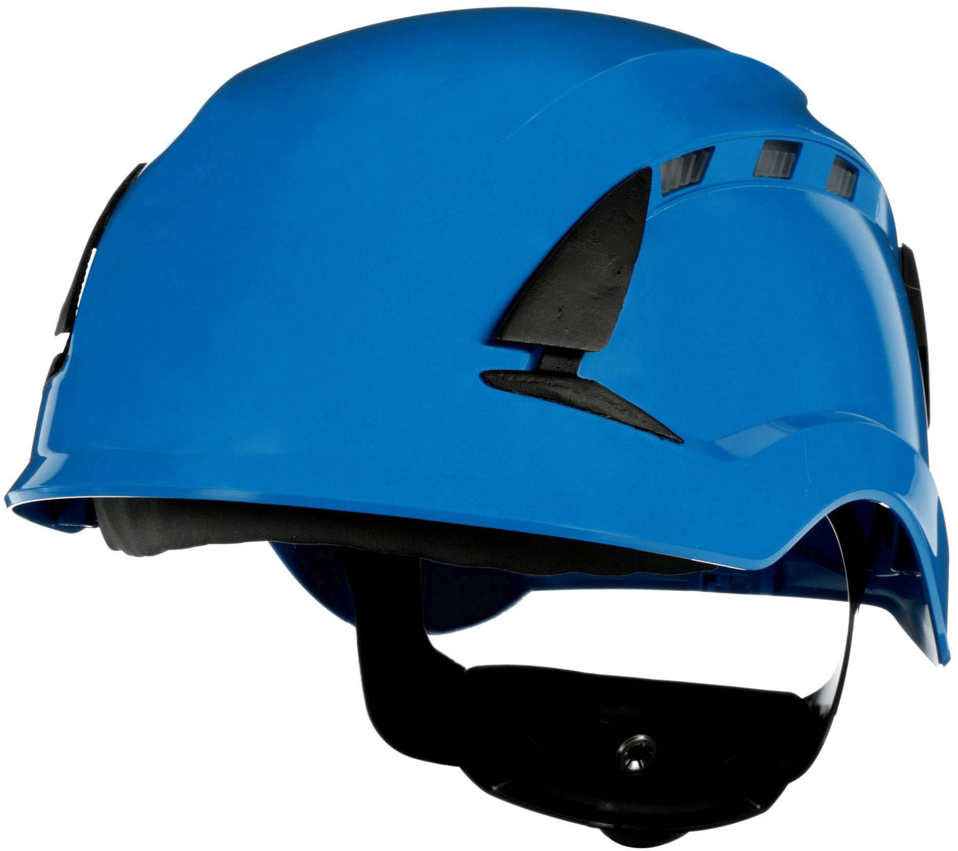 Blauwe veiligheidshelm gezien van opzij tegen een witte achtergrond. De helm heeft een gladde oppervlakte en ventilatiesleuven.