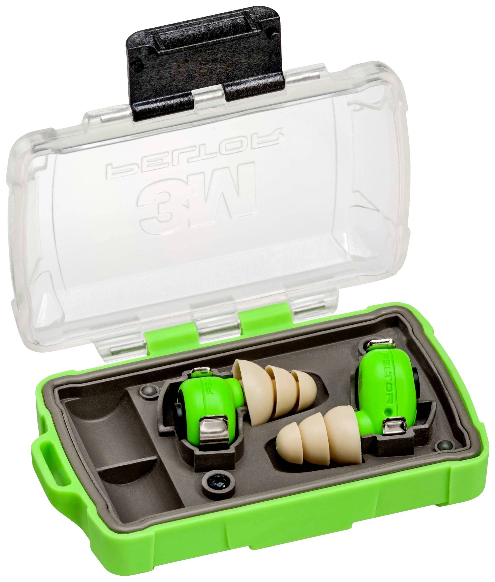 Groen etui met transparante deksel, met daarin een paar oordoppen met groene hulzen en beige inzetstukken, geschikt voor geluidsdemping.
