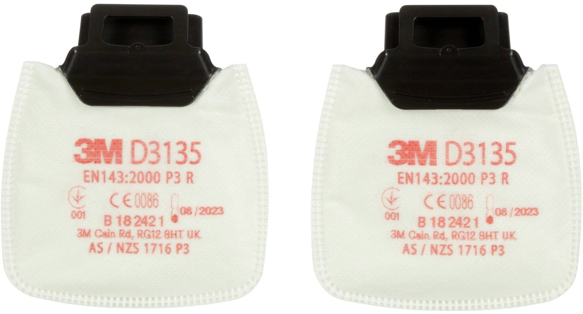 Twee witte 3M D3135 P3 R filters met rode opdruk en zwart kunststof bovendeel. Geschikt voor ademhalingsmaskers in stoffige omgevingen.