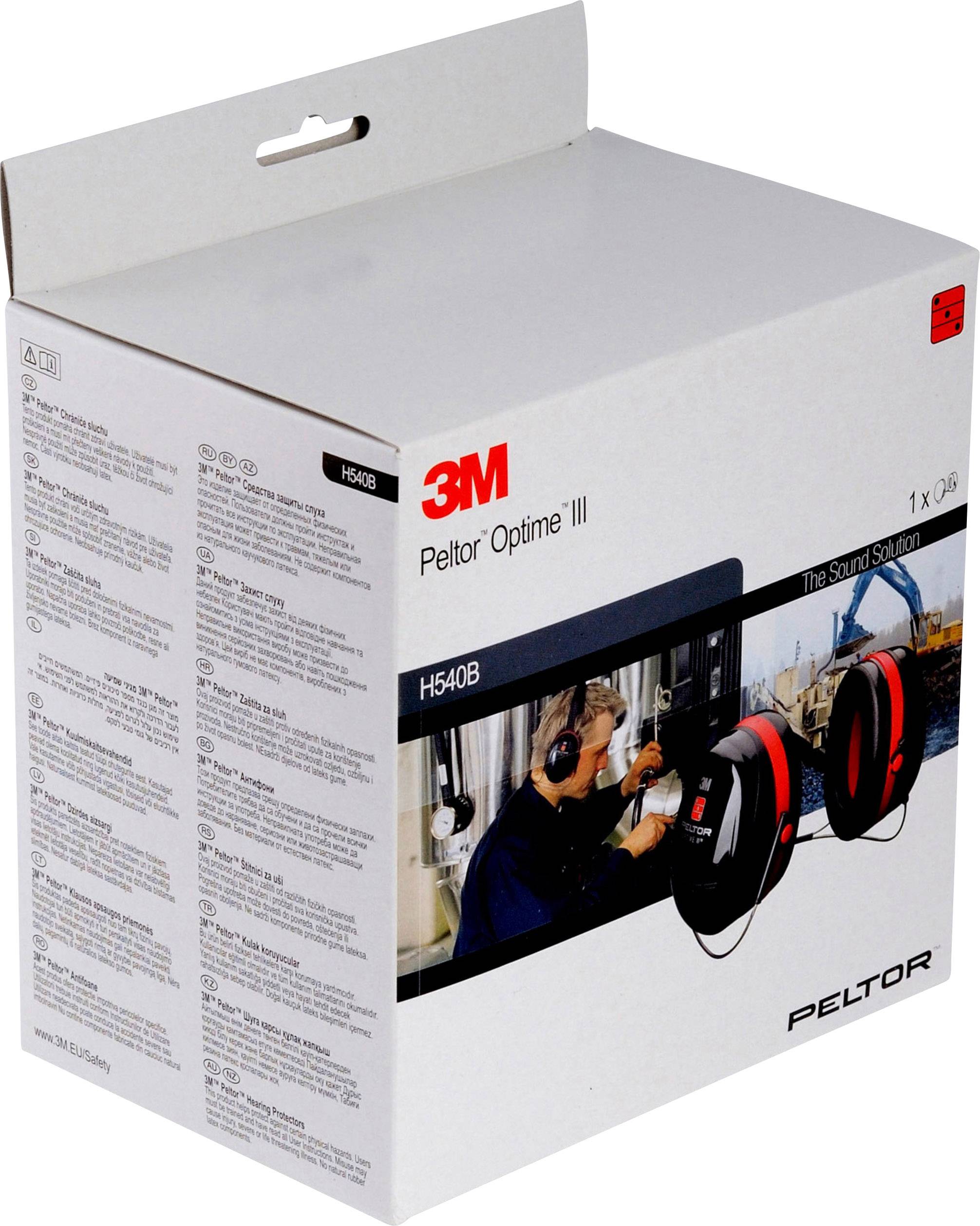 Verpakking van 3M Peltor Optime III gehoorbescherming met een afbeelding van een werknemer die de koptelefoon draagt. Verpakking bevat productinformaties.