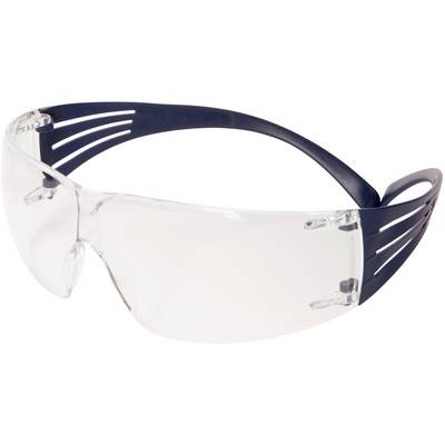 Een transparante veiligheidsbril met blauw-zwarte pootjes, geschikt voor veiligheidsdoeleinden in industrie- of laboratoriumomgevingen.
